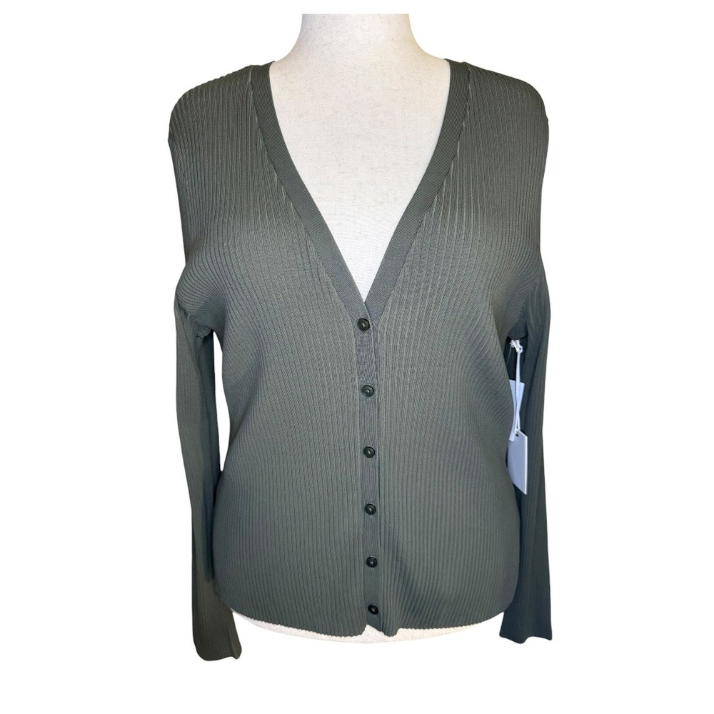 GOOD AMERICAN Women's 3XL Shine Rib V-Neck Cardigan Fatigue Olive Green NWT - Picture 2 of 9